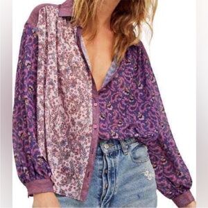 Free People Dani Mixed Pattern Button Up Top XS